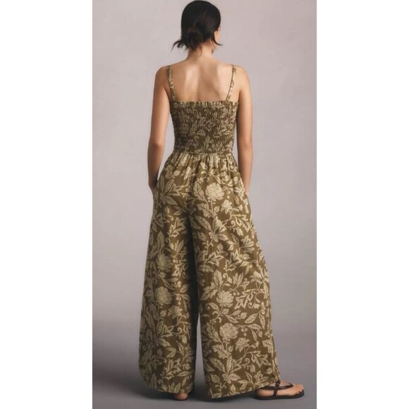 Anthropologie Pilcro Jumpsuit Linen Women Green Floral Smocked Boho Large NWT - Picture 3 of 13